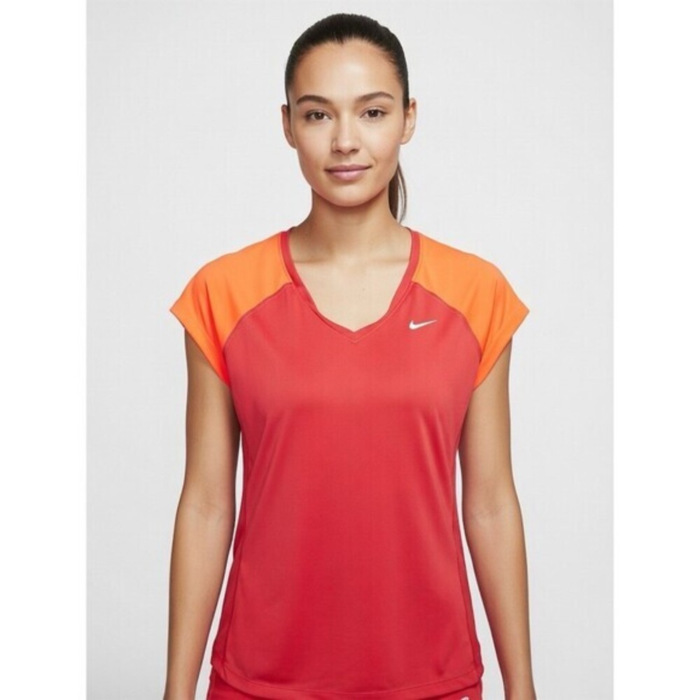 Nike Running Dri-FIT Top Womens Size L Red Orange Colorblock V-Neck Tee